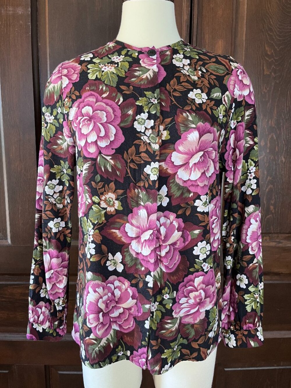 Leslie Fay Vintage Floral Blouse Top Long Sleeve Button Up Rayon Size 10